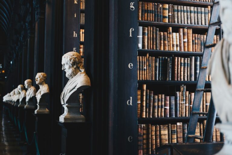 Biblioteca con libros de asesoría legal con esculturas de personajes de la historia del derecho